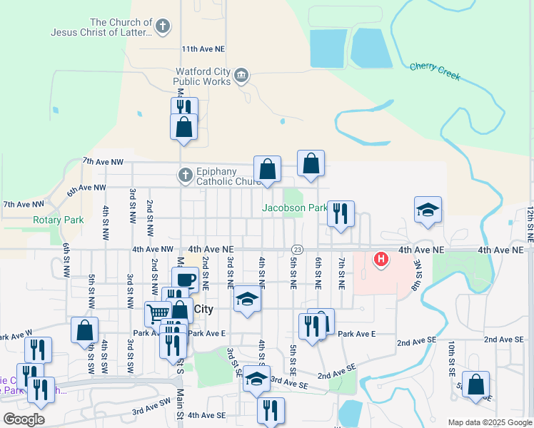 map of restaurants, bars, coffee shops, grocery stores, and more near 5th Street Northeast in Watford City
