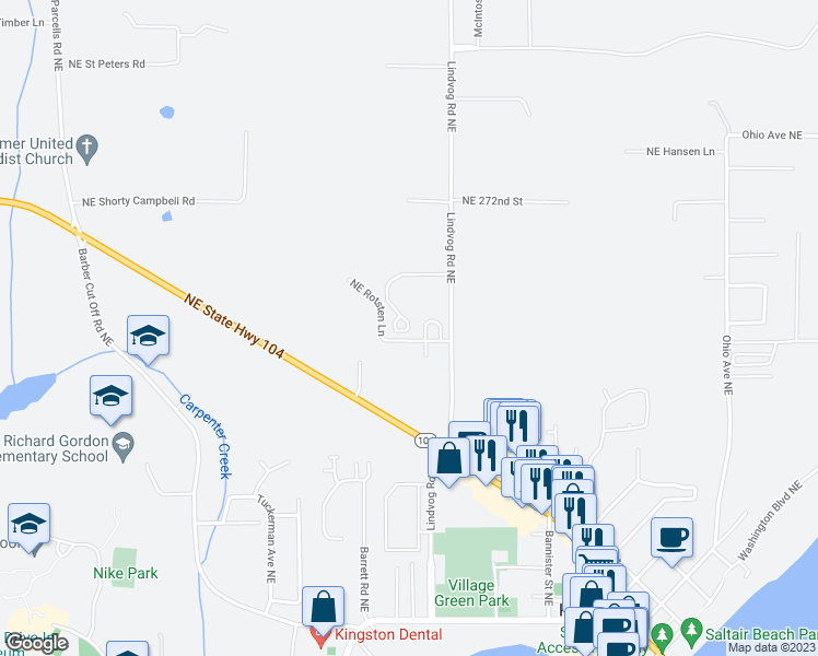 map of restaurants, bars, coffee shops, grocery stores, and more near 10551 Northeast Kingston Meadows Circle in Kingston