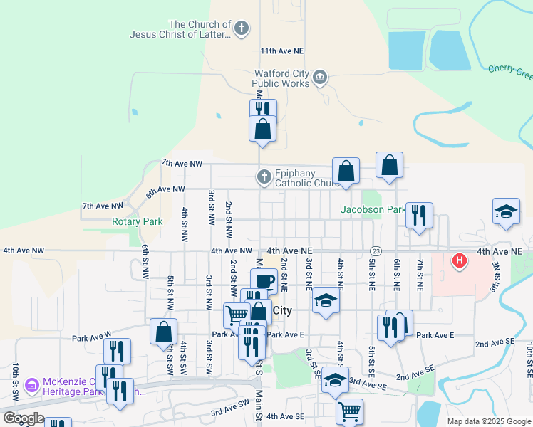 map of restaurants, bars, coffee shops, grocery stores, and more near 512 Main Street North in Watford City