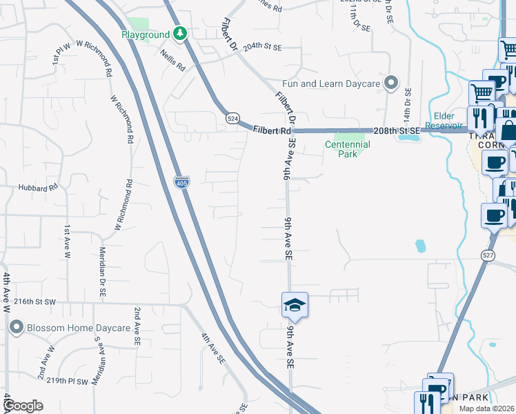 map of restaurants, bars, coffee shops, grocery stores, and more near 21105 Royal Anne Road in Bothell