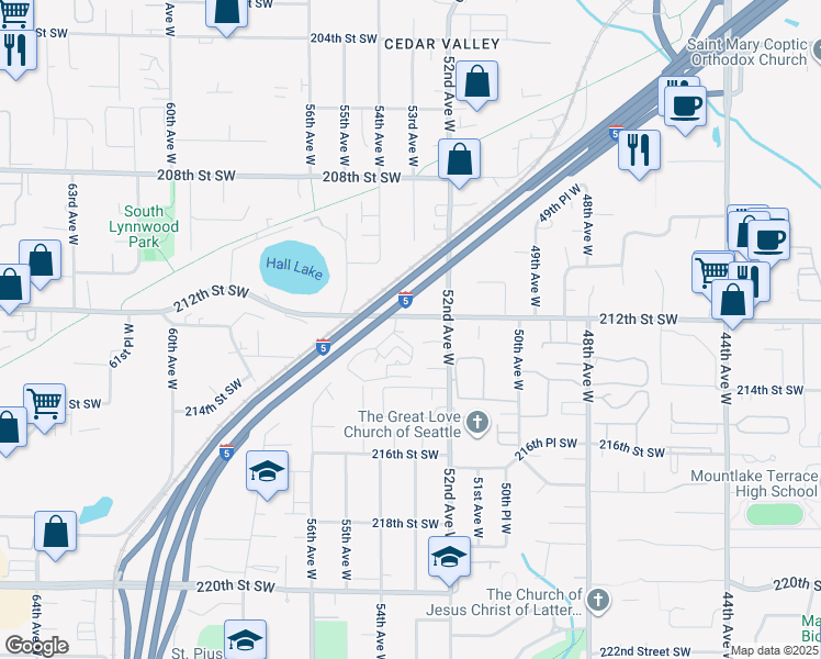 map of restaurants, bars, coffee shops, grocery stores, and more near 5222 212th Street Southwest in Mountlake Terrace