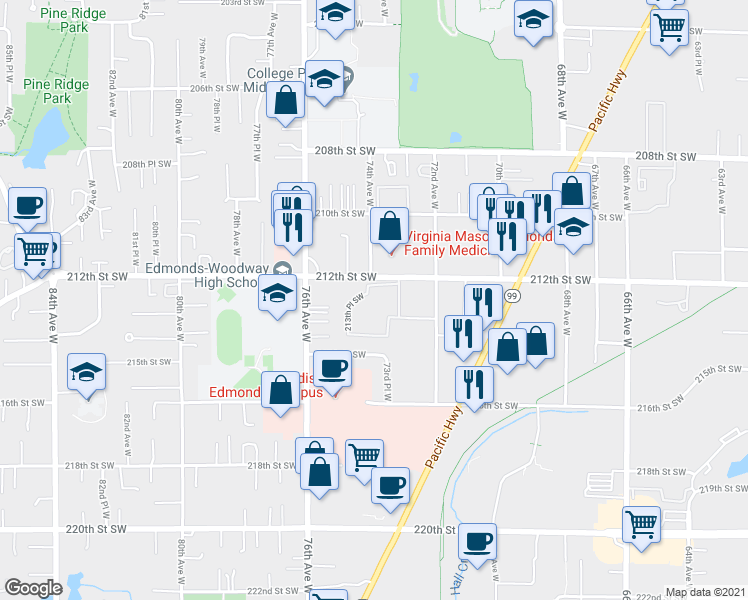map of restaurants, bars, coffee shops, grocery stores, and more near 7300 213th Place Southwest in Edmonds