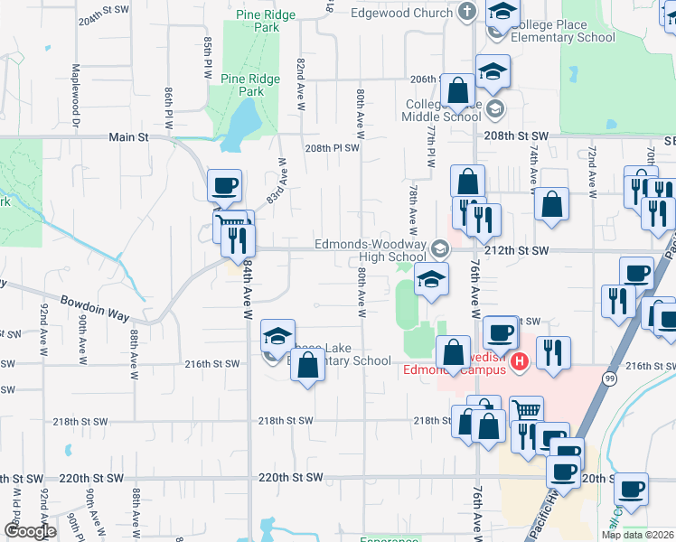 map of restaurants, bars, coffee shops, grocery stores, and more near 8044 212th Street Southwest in Edmonds