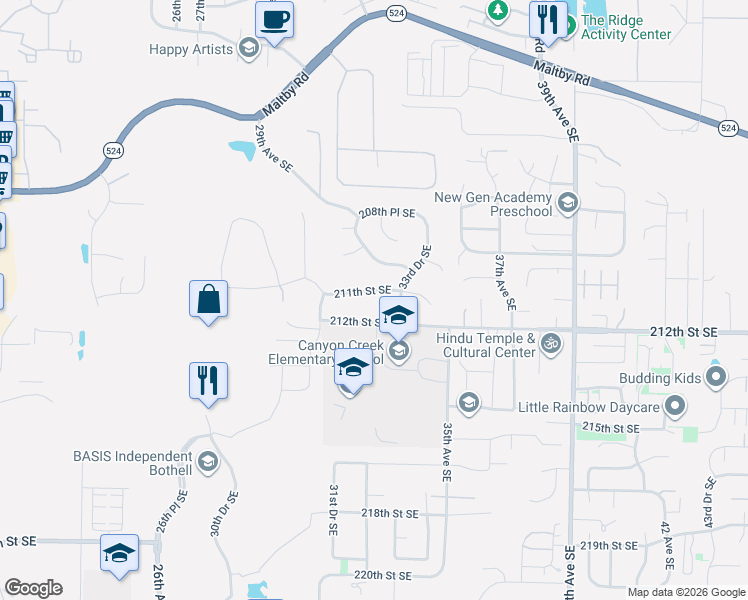 map of restaurants, bars, coffee shops, grocery stores, and more near 3204 211th Street Southeast in Bothell