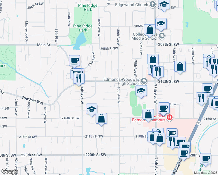 map of restaurants, bars, coffee shops, grocery stores, and more near 8104 212th Street Southwest in Edmonds