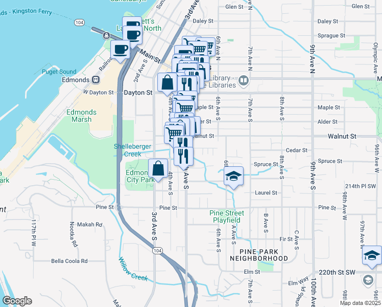 map of restaurants, bars, coffee shops, grocery stores, and more near 525 5th Avenue South in Edmonds