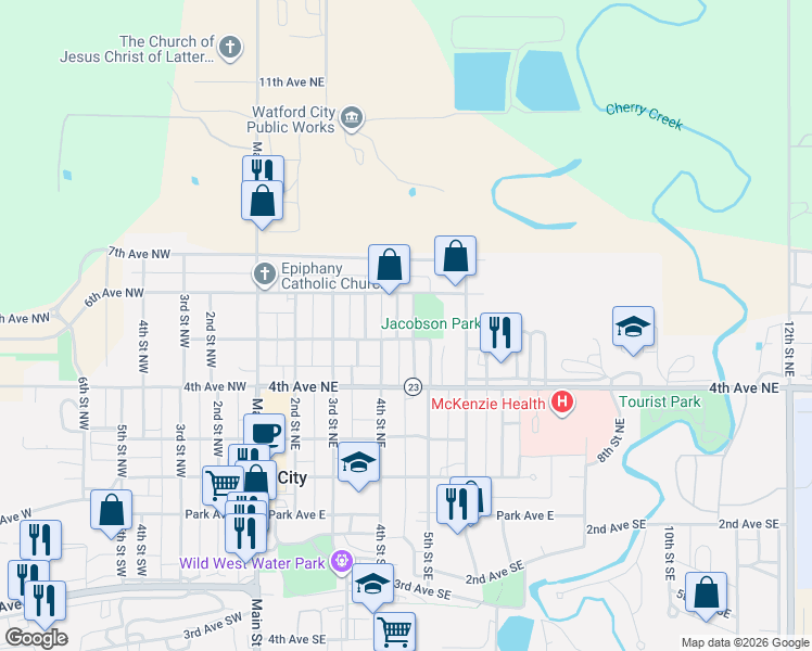 map of restaurants, bars, coffee shops, grocery stores, and more near 505 6th Avenue Northeast in Watford City
