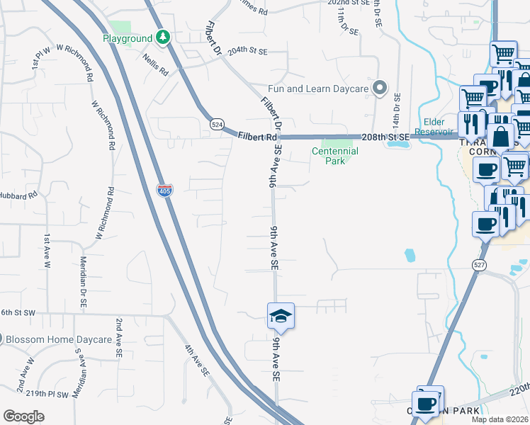 map of restaurants, bars, coffee shops, grocery stores, and more near 21108 9th Avenue Southeast in Bothell
