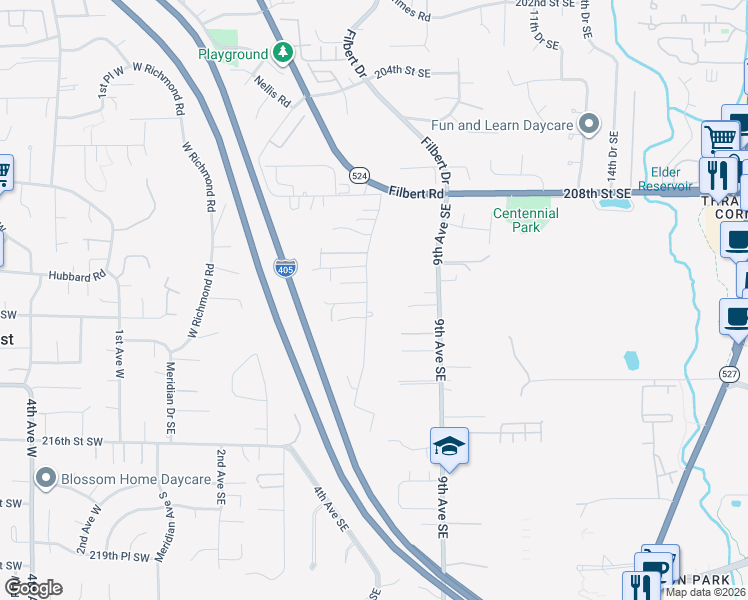 map of restaurants, bars, coffee shops, grocery stores, and more near 21105 Royal Anne Road in Bothell