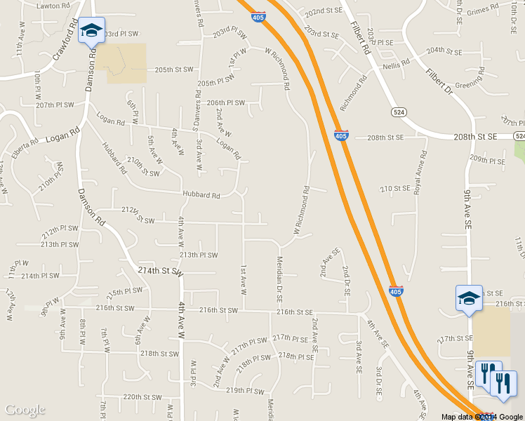 map of restaurants, bars, coffee shops, grocery stores, and more near 21121 Meridian Place West in Bothell