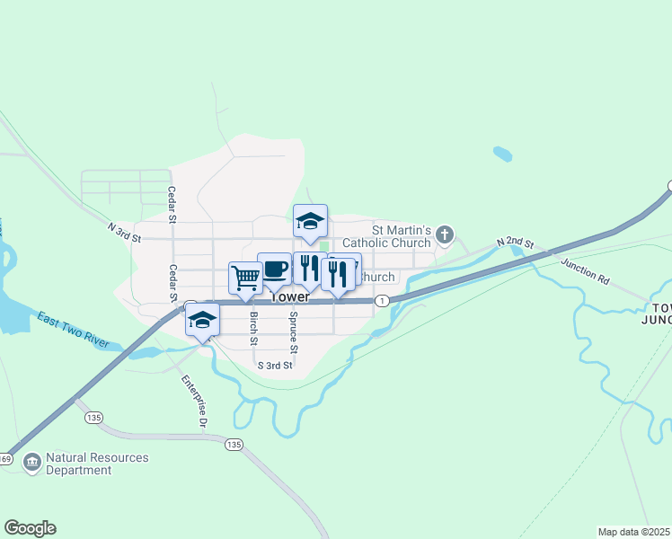 map of restaurants, bars, coffee shops, grocery stores, and more near 415 North 2nd Street in Tower