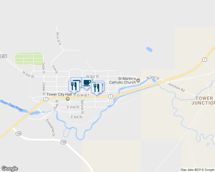 map of restaurants, bars, coffee shops, grocery stores, and more near 301 North 2nd Street in Tower