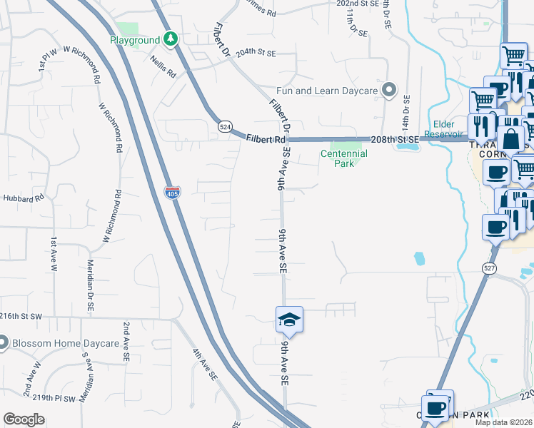 map of restaurants, bars, coffee shops, grocery stores, and more near 21108 9th Avenue Southeast in Bothell