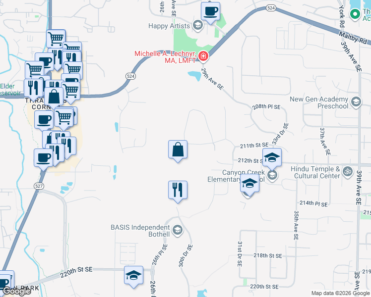 map of restaurants, bars, coffee shops, grocery stores, and more near 2728 211th Street Southeast in Bothell