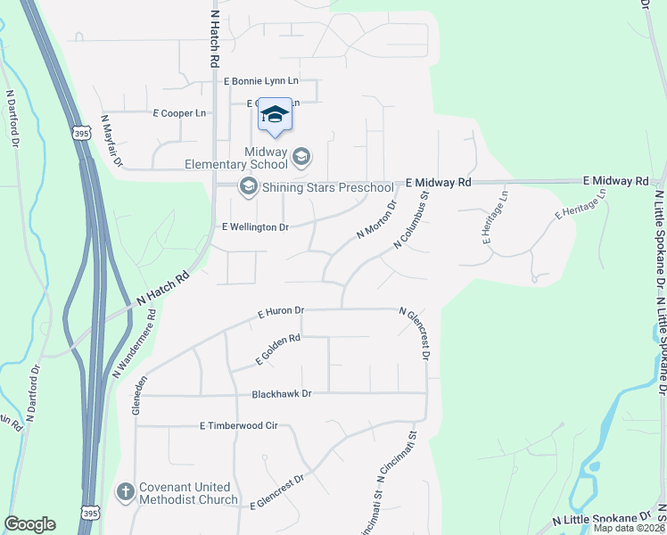 map of restaurants, bars, coffee shops, grocery stores, and more near 16410 North Morton Drive in Spokane