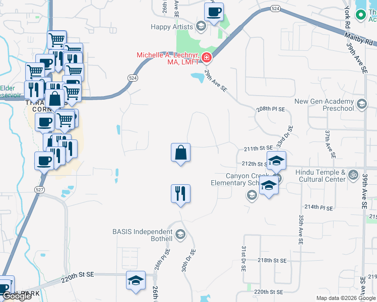 map of restaurants, bars, coffee shops, grocery stores, and more near 2728 211th Street Southeast in Bothell