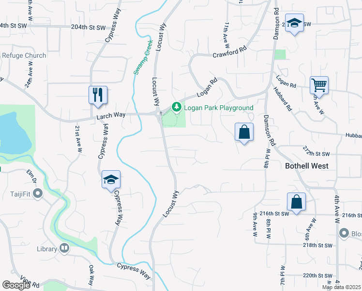 map of restaurants, bars, coffee shops, grocery stores, and more near 21129 Locust Way in Lynnwood