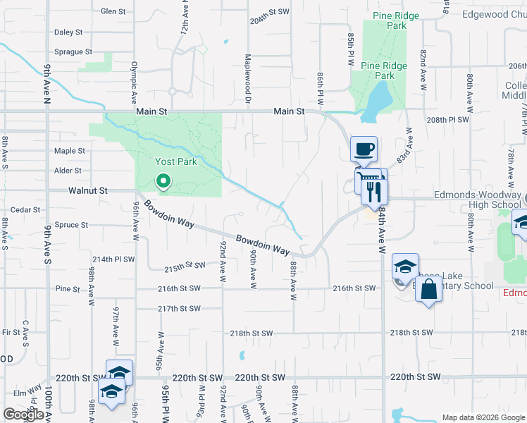 map of restaurants, bars, coffee shops, grocery stores, and more near 21224 Shell Valley Road in Edmonds