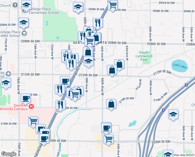 map of restaurants, bars, coffee shops, grocery stores, and more near 6706 212th Street Southwest in Lynnwood