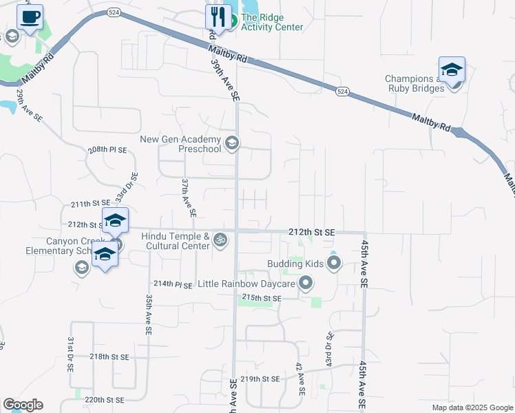 map of restaurants, bars, coffee shops, grocery stores, and more near 21025 40th Avenue Southeast in Bothell