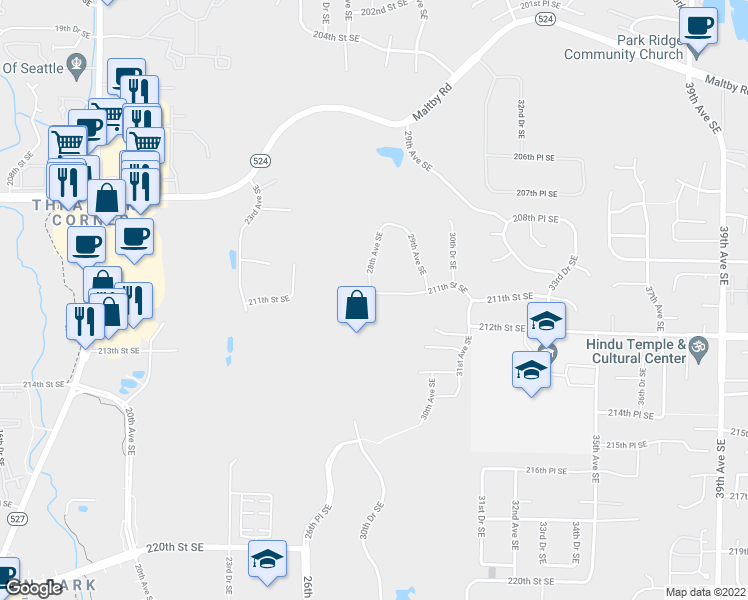 map of restaurants, bars, coffee shops, grocery stores, and more near 2728 211th Street Southeast in Bothell