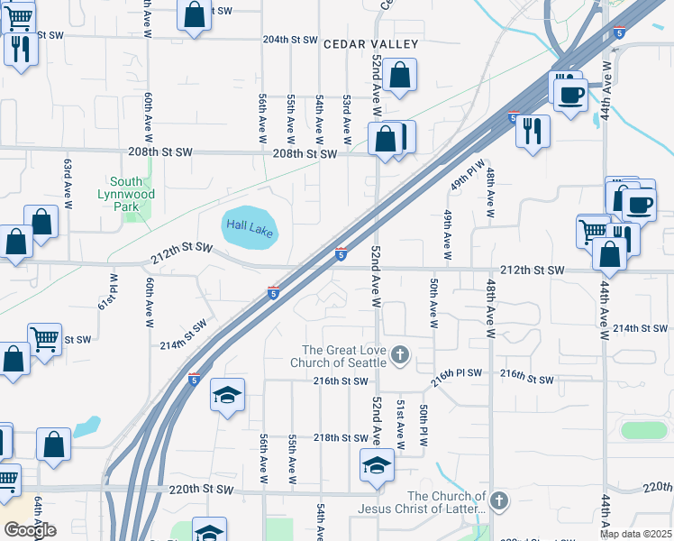 map of restaurants, bars, coffee shops, grocery stores, and more near 5412 212th Street Southwest in Mountlake Terrace