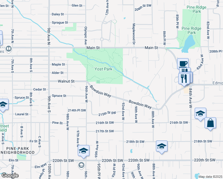 map of restaurants, bars, coffee shops, grocery stores, and more near 9309 Bowdoin Way in Edmonds