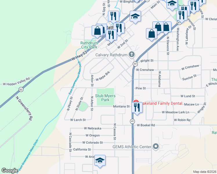 map of restaurants, bars, coffee shops, grocery stores, and more near 8266 West 4th Street in Rathdrum