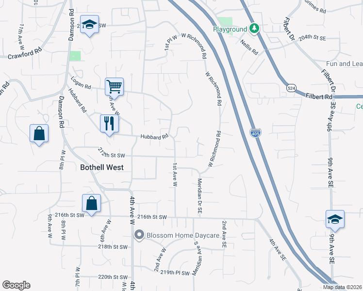 map of restaurants, bars, coffee shops, grocery stores, and more near 21121 Meridian Place West in Bothell