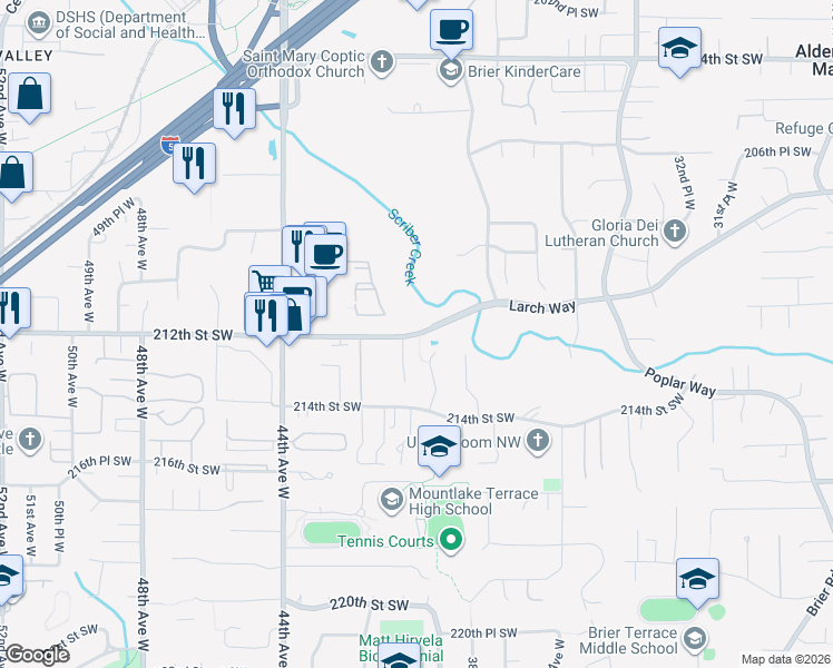 map of restaurants, bars, coffee shops, grocery stores, and more near 4002 212th Street Southwest in Mountlake Terrace