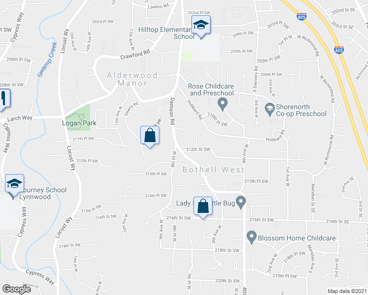 map of restaurants, bars, coffee shops, grocery stores, and more near 715 212th Street Southwest in Bothell