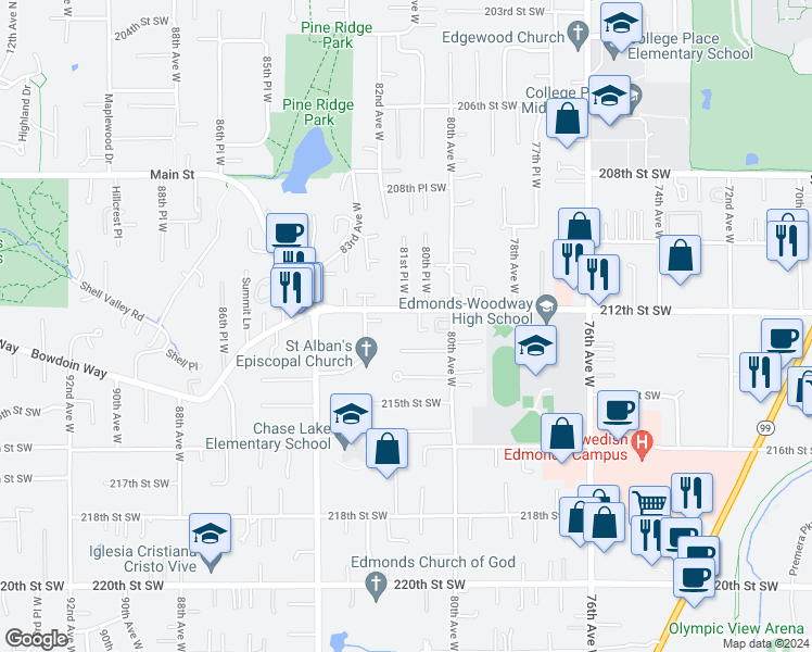 map of restaurants, bars, coffee shops, grocery stores, and more near 8104 212th Street Southwest in Edmonds