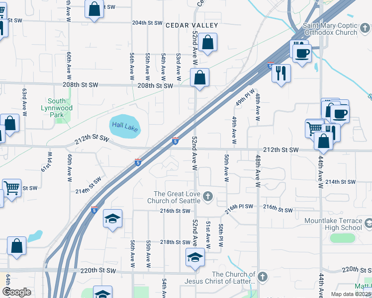 map of restaurants, bars, coffee shops, grocery stores, and more near 5222 212th St SW in Mountlake Terrace