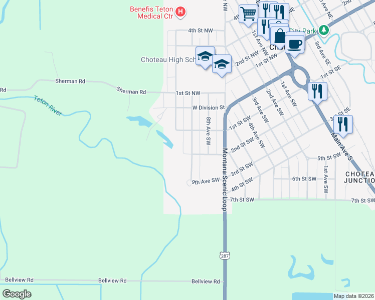 map of restaurants, bars, coffee shops, grocery stores, and more near 999 2nd Street Southwest in Choteau
