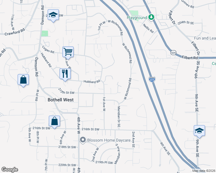 map of restaurants, bars, coffee shops, grocery stores, and more near 21121 Meridian Place West in Bothell
