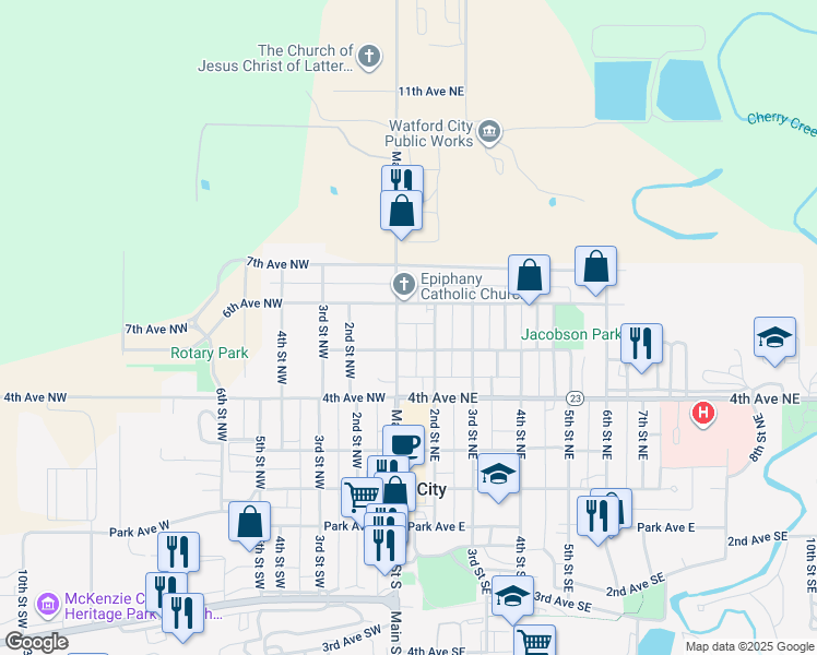 map of restaurants, bars, coffee shops, grocery stores, and more near 512 Main Street North in Watford City