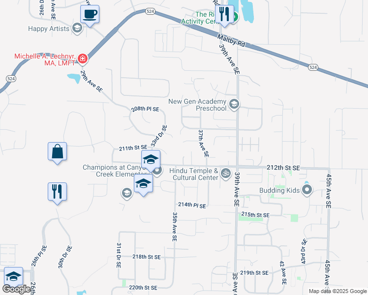 map of restaurants, bars, coffee shops, grocery stores, and more near 3522 210th Place Southeast in Bothell