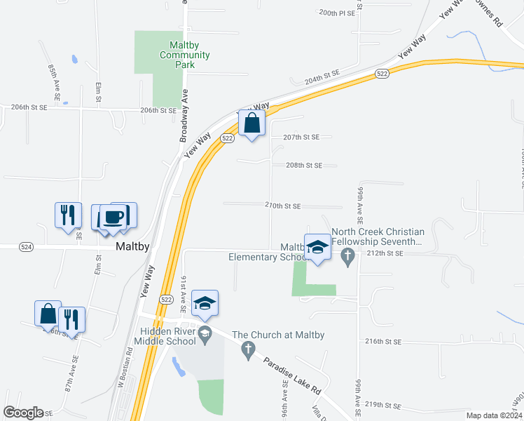 map of restaurants, bars, coffee shops, grocery stores, and more near 21004 95th Avenue Southeast in Snohomish