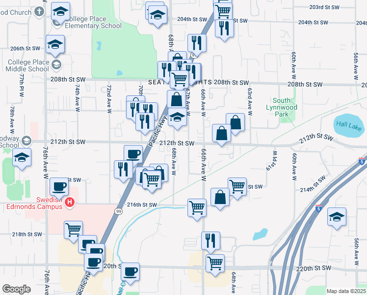 map of restaurants, bars, coffee shops, grocery stores, and more near 6706 212th Street Southwest in Lynnwood