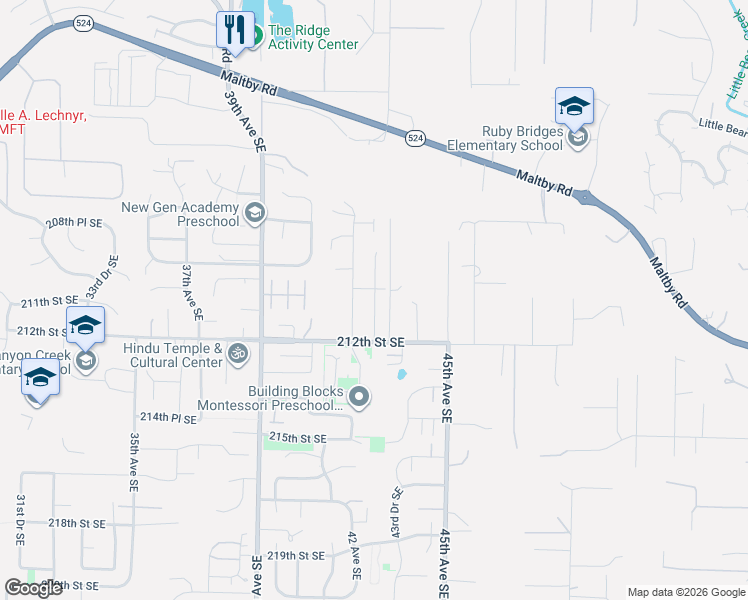 map of restaurants, bars, coffee shops, grocery stores, and more near 21023 42nd Avenue Southeast in Bothell