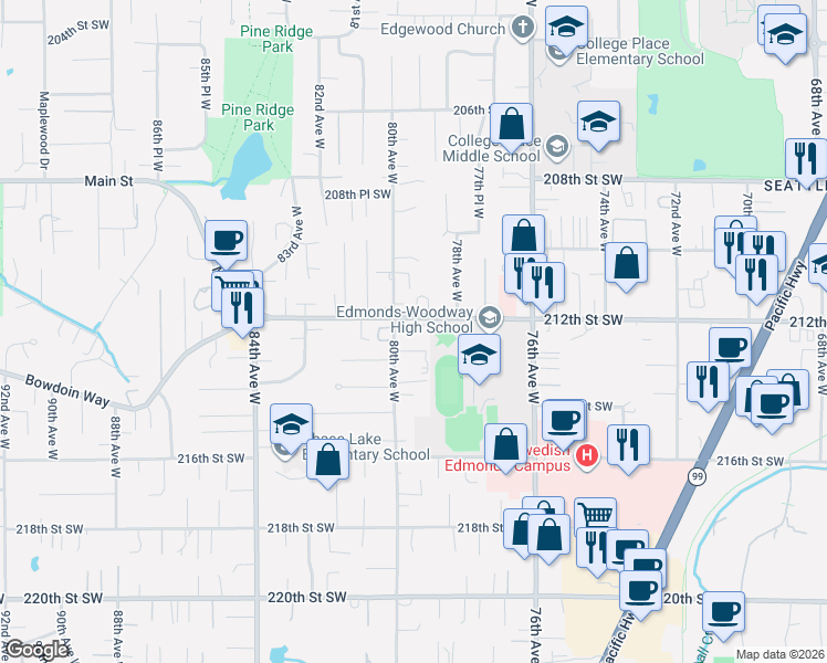 map of restaurants, bars, coffee shops, grocery stores, and more near 7924 212th Street Southwest in Edmonds