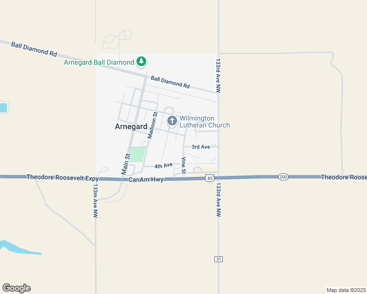 map of restaurants, bars, coffee shops, grocery stores, and more near 3rd Avenue in Arnegard