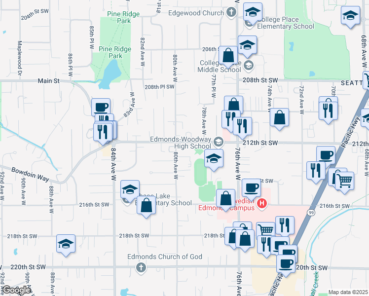 map of restaurants, bars, coffee shops, grocery stores, and more near 7924 212th Street Southwest in Edmonds