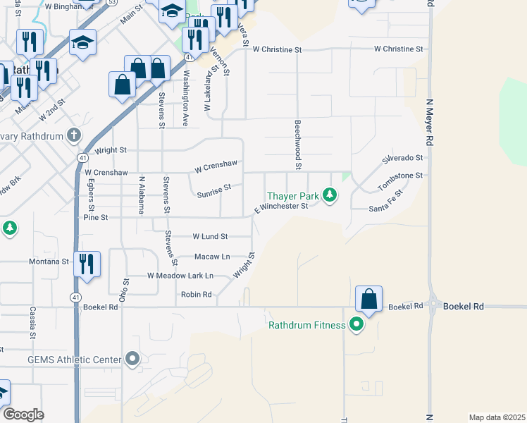 map of restaurants, bars, coffee shops, grocery stores, and more near 7164 Winchester Street in Rathdrum
