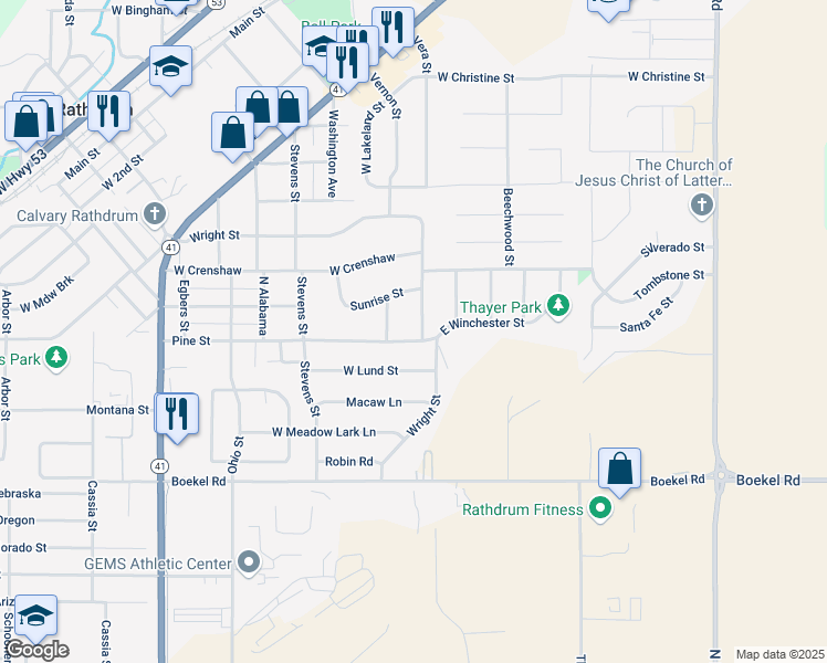 map of restaurants, bars, coffee shops, grocery stores, and more near 7297 West Pine Street in Rathdrum