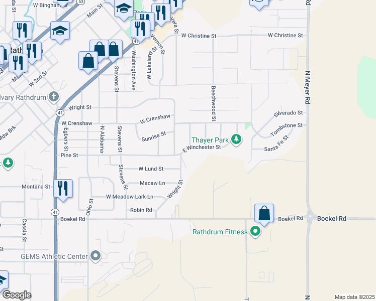 map of restaurants, bars, coffee shops, grocery stores, and more near 7164 Winchester Street in Rathdrum