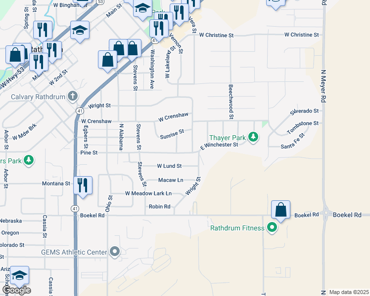 map of restaurants, bars, coffee shops, grocery stores, and more near 7297 West Pine Street in Rathdrum