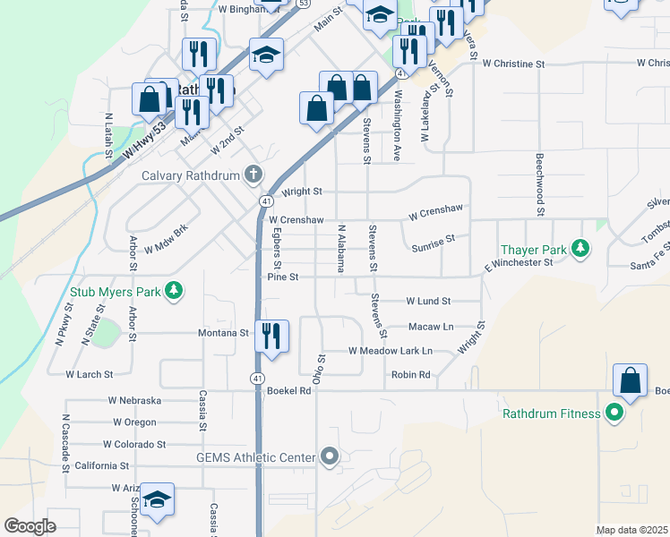 map of restaurants, bars, coffee shops, grocery stores, and more near 14827 South Alabama Street in Rathdrum