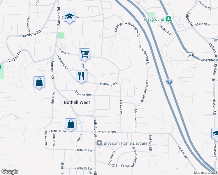 map of restaurants, bars, coffee shops, grocery stores, and more near 216 Hubbard Road in Lynnwood