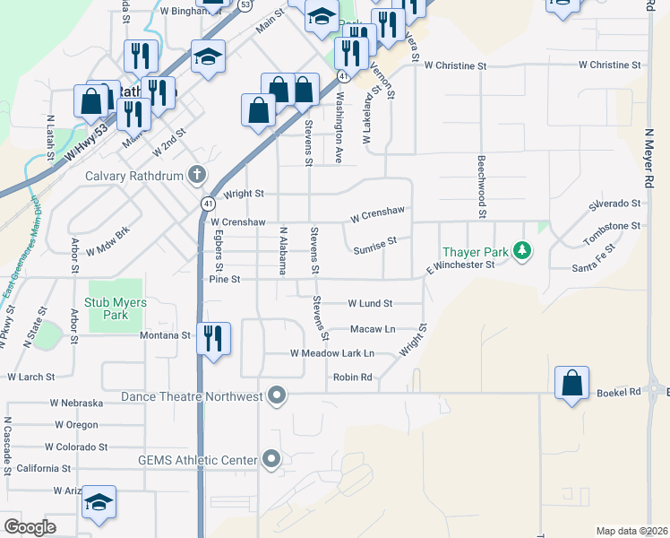 map of restaurants, bars, coffee shops, grocery stores, and more near 7545 West Pine Street in Rathdrum